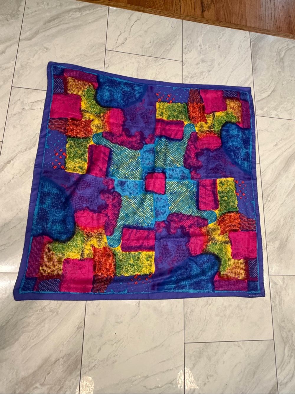 Vintage Elaine Gold Colorful Abstract Silk-Feel Scarf in Blue, Pink & Green